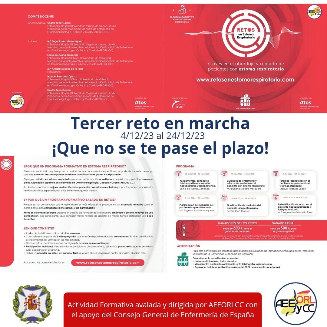 CLAVES EN EL ABORDAJE Y CUIDADO DE PACIENTES CON ESTOMA RESPIRATORIO 
📌 Llegó el momento del tercer reto, tenéis hasta el 24 de diciembre para resolverlo.
➡️ Avalado por <a href="/aeeorlcc/">AEEORLCCC</a> con el apoyo de <a href="/CGEnfermeria/">Consejo General de Enfermería</a> 
🚩Que no se te pase el plazo.

#estomarespiratorio
#aeeorlcc