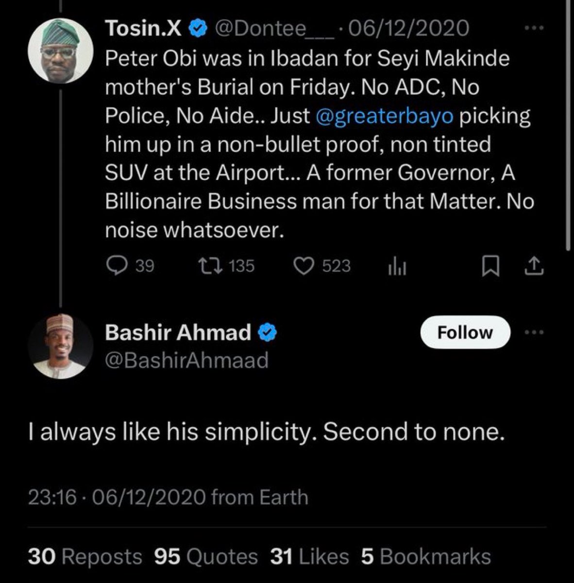 Peter Obi was everybody’s favorite until he decided to run for President. Every single one of them knew Peter Obi would have been the best thing to happen to this country but they chose bigotry, tribalism, and selfish interests!!! Even Bashir Ahmad knew it!!!!