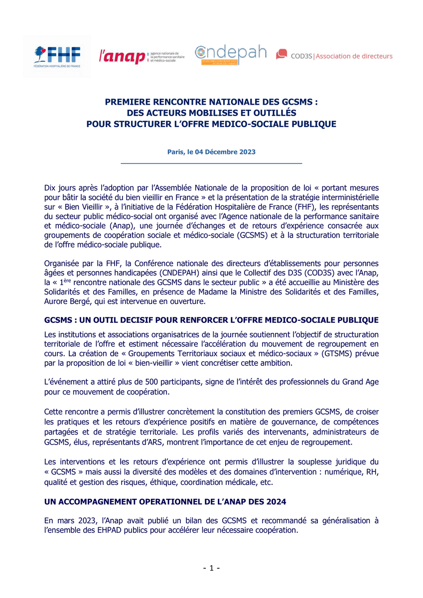 laFHF's tweet photo. [🗞️#Communiqué] 1ère Rencontre nationale des #GCSMS : des acteurs mobilisés et outillés pour structurer l'offre médico-sociale publique.

👉 une journée organisée par la FHF, @anap_sante, la @CndepahContact &amp; le @COD3S_national. 

ℹ️ https://t.co/9cE7ET1SBQ https://t.co/lY7Y2GOmos