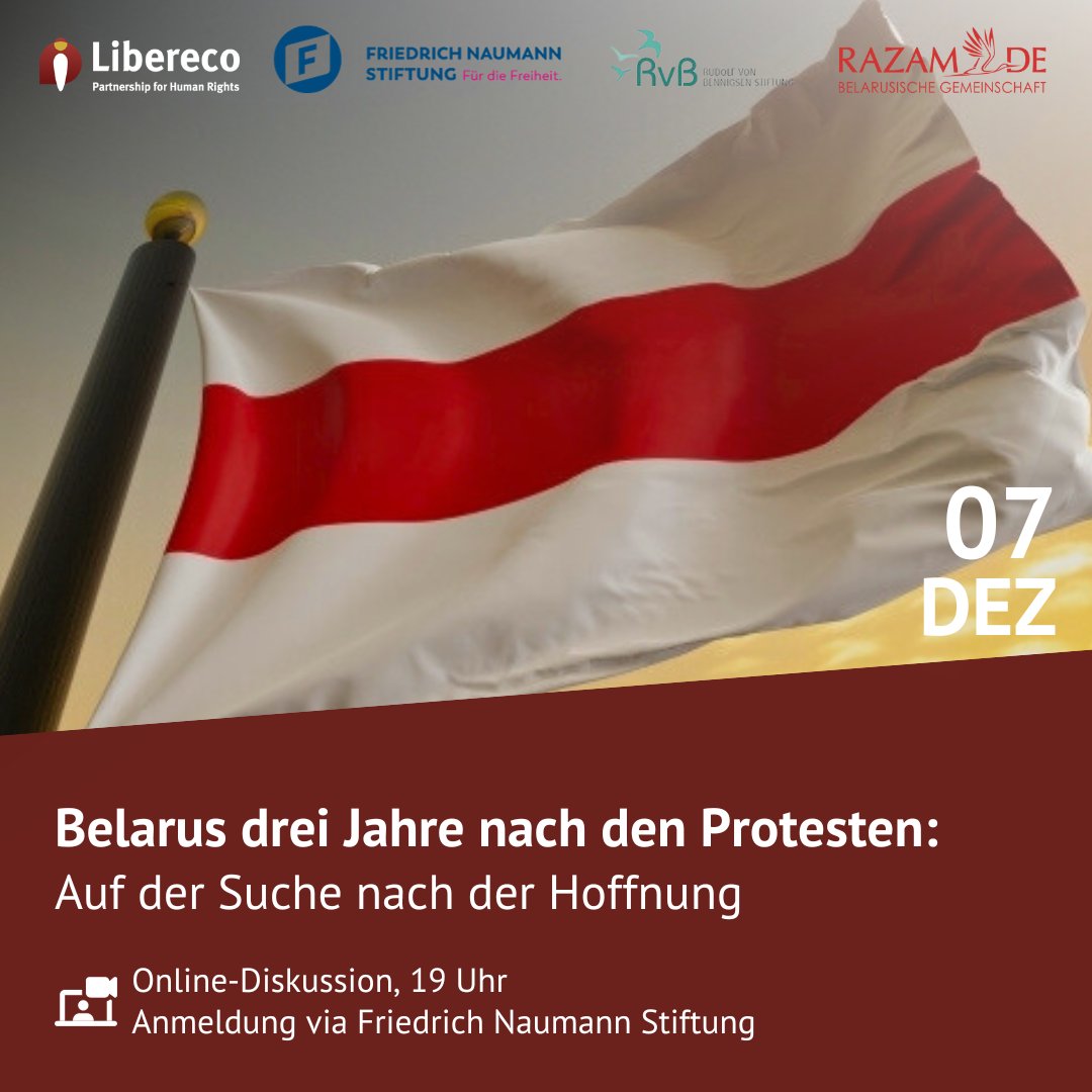 Belarus, drei Jahre nach den Protesten: Auf der Suche nach der Hoffnung 🤍❤️🤍

💬 Webtalk mit <a href="/AnikoMerten/">Anikó Glogowski-Merten 💙💛 ✨</a>, Ina Rumiantseva (<a href="/belarusrazam/">RAZAM e.V.</a>) &amp; Lars Bünger (Libereco) am 7.12. um 19 Uhr. Moderation <a href="/Christophgiesa/">Christoph Giesa 🇩🇪🇪🇺</a>.

Anmeldung: shop.freiheit.org/?locale=en#!/V…