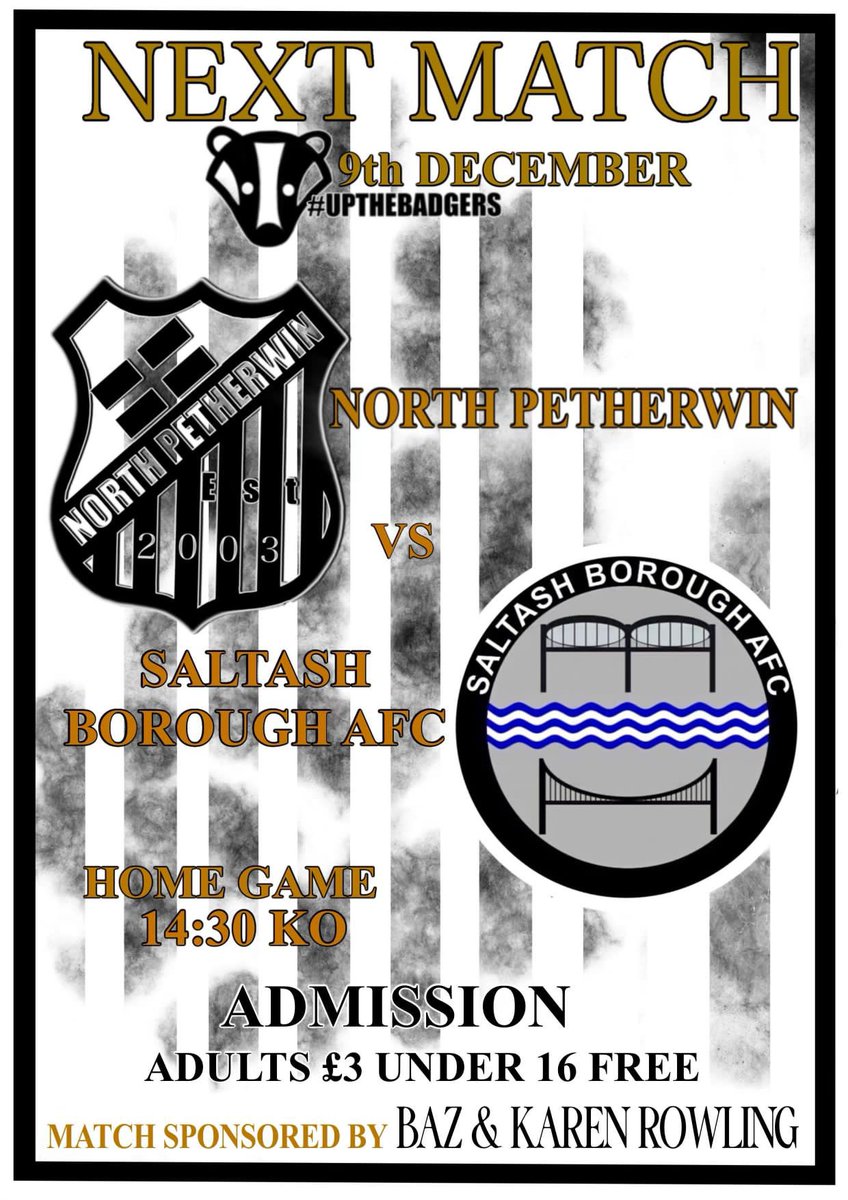 North Petherwin FC (@npfc03) on Twitter photo Our first team are back in league action home vs <a href="/saltashborough/">Saltash Borough FC</a>
We want to thank Baz and Kaz for being our first Matchday sponsor! It’s appreciated.
Up the badgers!
<a href="/Cornishfootball/">Dave Deacon</a> <a href="/StPiranLeague/">Kernow Stone St Piran League</a> <a href="/swsportsnews/">South West Sports News</a> <a href="/sportscornwall/">Cornwall Sports Media</a> <a href="/SoccerPodcast/">CS Football Podcast</a> Our first team are back in league action home vs <a href="/saltashborough/">Saltash Borough FC</a>
We want to thank Baz and Kaz for being our first Matchday sponsor! It’s appreciated.
Up the badgers!
<a href="/Cornishfootball/">Dave Deacon</a> <a href="/StPiranLeague/">Kernow Stone St Piran League</a> <a href="/swsportsnews/">South West Sports News</a> <a href="/sportscornwall/">Cornwall Sports Media</a> <a href="/SoccerPodcast/">CS Football Podcast</a>