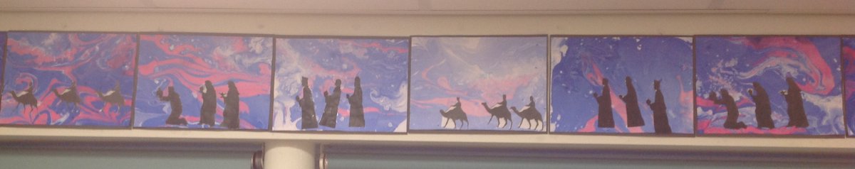 CrocClass's tweet image. Here are the wonderful finished three wise men pictures for our part of the whole school nativity.  The children cut out the silhouettes then glued them on to their marbled backgrounds.  Well done, Year 5, we love them! @WillowsCE