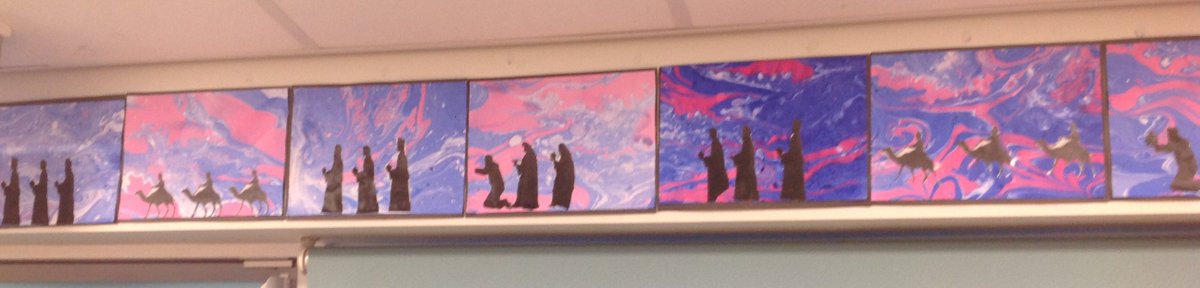 CrocClass's tweet image. Here are the wonderful finished three wise men pictures for our part of the whole school nativity.  The children cut out the silhouettes then glued them on to their marbled backgrounds.  Well done, Year 5, we love them! @WillowsCE