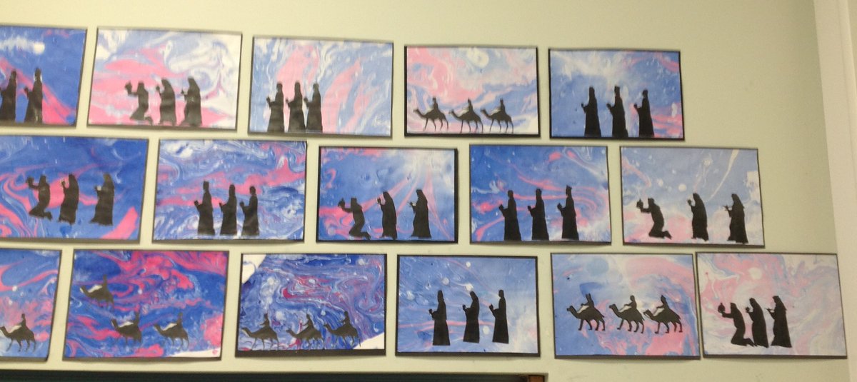 CrocClass's tweet image. Here are the wonderful finished three wise men pictures for our part of the whole school nativity.  The children cut out the silhouettes then glued them on to their marbled backgrounds.  Well done, Year 5, we love them! @WillowsCE