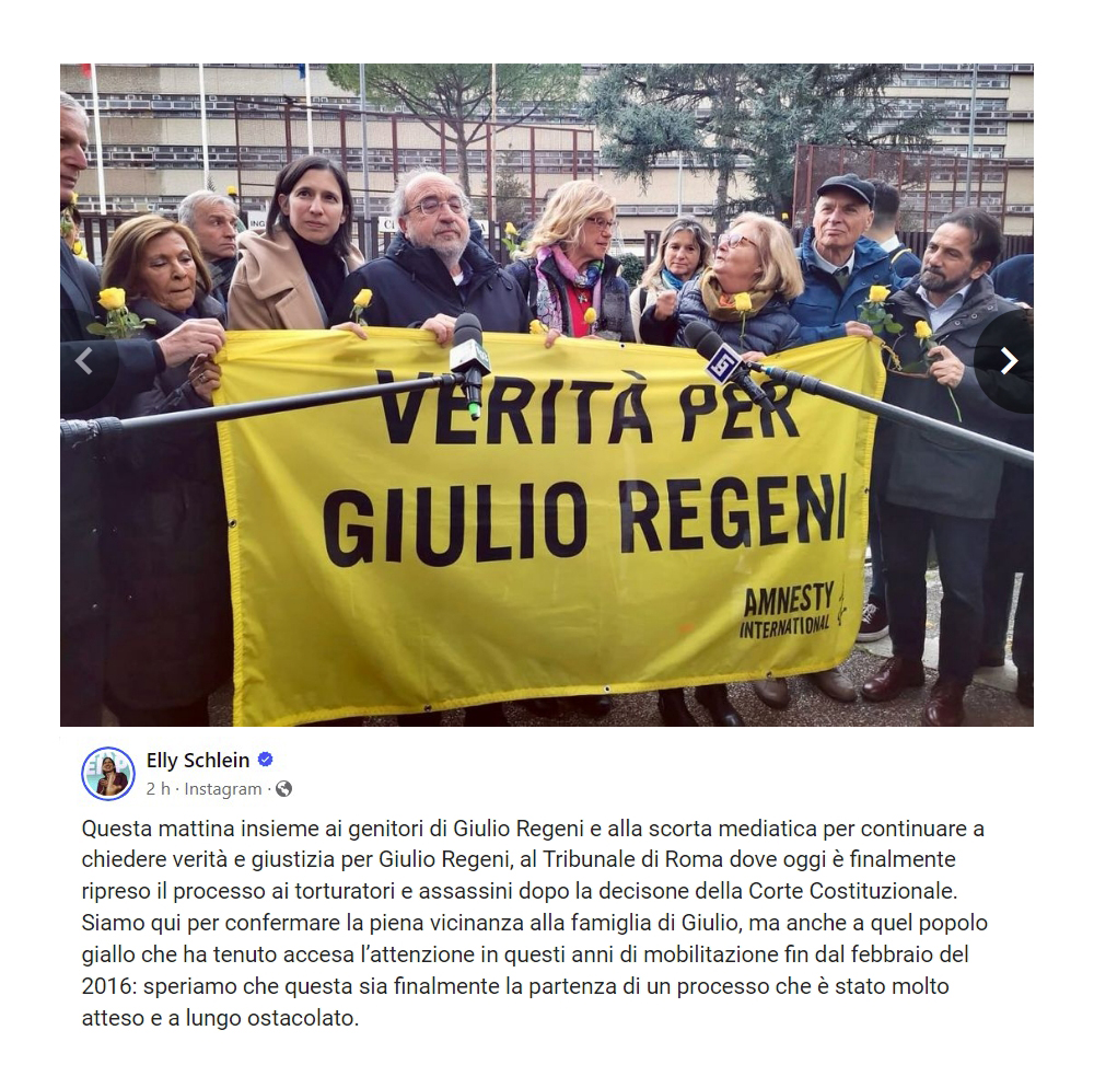 Questa mattina insieme ai genitori di Giulio #Regeni per continuare a chiedere verità e giustizia. #Schlein #veritaegiustiziapergiulioregeni

Caso Regeni, quattro 007 egiziani a processo ansa.it/sito/notizie/t…