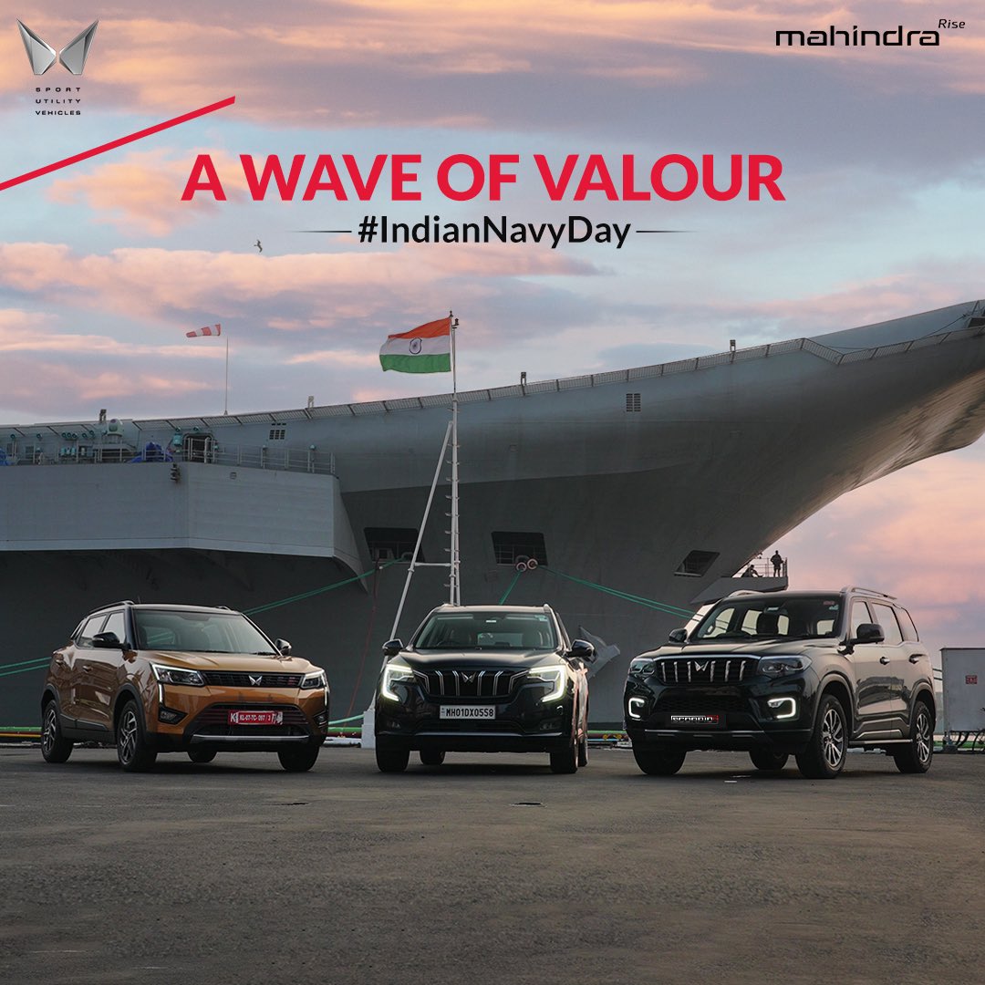 Saluting sheer courage that sails the seas. Throwback to the time when the Scorpio-N, XUV700 and XUV300 went onboard INS Vikrant. #IndianNavyDay #Mahindra #MahindraAuto #MahindraScorpio #XUV700 #XUV300 @MahindraXUV300 @MahindraXUV700