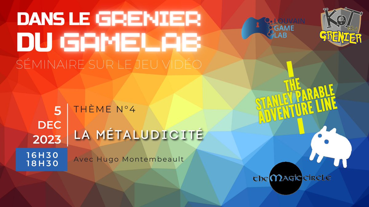 Le prochain séminaire "Dans le grenier du Gamelab" #louvaingamelab #kotdugrenier @UCLouvain_be sera consacré à la Métaludicité, où nous accueillons (à distance) avec grand plaisir Hugo Montembault de l'<a href="/UQAT/">UQAT.ca</a>. Rendez-vous sur notre Twitch TV !  twitch.tv/louvaingamelab