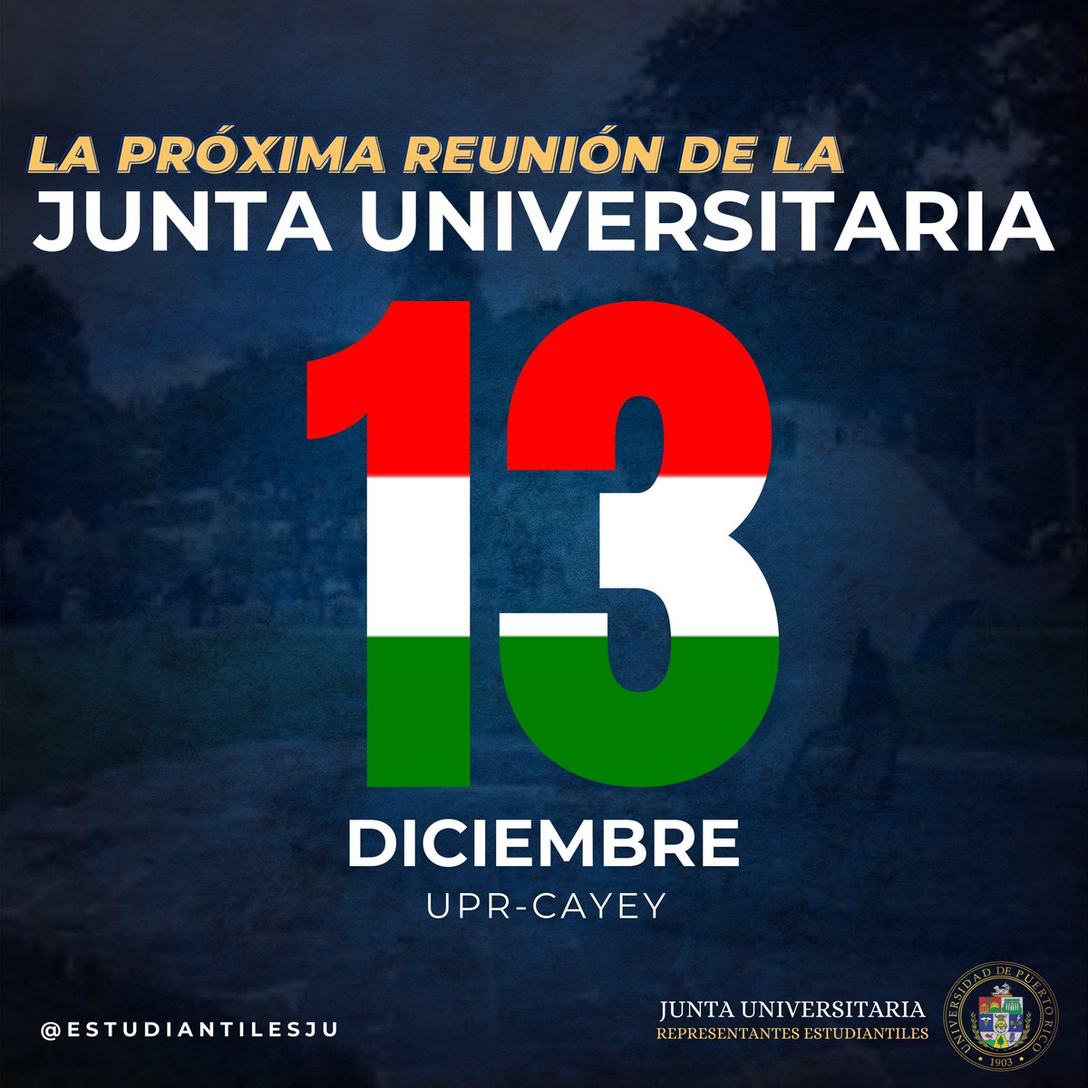 🚨- Habemus Reunión Ordinaria

Este próximo miércoles, 13 de diciembre de 2023 se estará reuniendo la Junta Universitaria, en la sede de los toritos y las toritas, la UPR-Cayey.

#11RecintosUnaUPR #CaucusEstudiantilJU