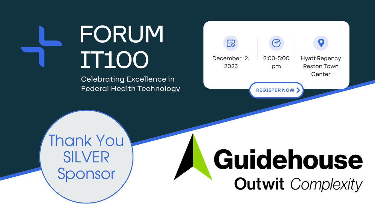 🎉WELCOME: @Guidehouse is a sponsor for our 8️⃣Annual #FORUMIT100 (formerly FedHealthIT100) Awards! Guidehouse brings together public & commercial healthcare orgs, offering a 360° industry approach to solving their most complex challenges. Join us on 12/12: bit.ly/484BN2U