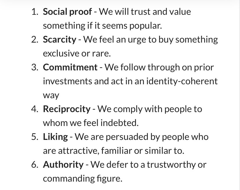 Cialdini’s six principles of persuasion  

Via the behavioural science and messaging course on <a href="/42Courses/">42courses</a>