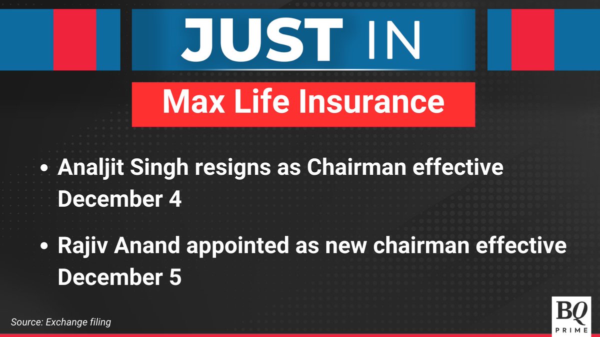 #MaxLifeInsurance's Analjit Singh resigns as Chairman effective December 4.

For the latest news and updates, visit: bqprime.com