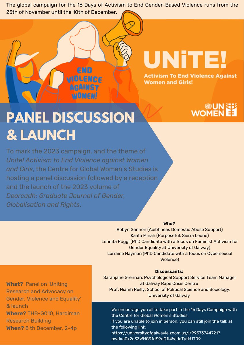 Join us today for our #16DaysofActivism in-person event to discuss “Uniting Research and Advocacy on Gender, Violence and Equality

🗓️ 8th of Dec (TODAY)
⏰ 2-4pm
📍THB-G010 The Hardiman Building

@16DaysCampaign @CWGL_Rutgers @16DaysZA @UN_women @uniofgalway, @GalwaySocAndPol