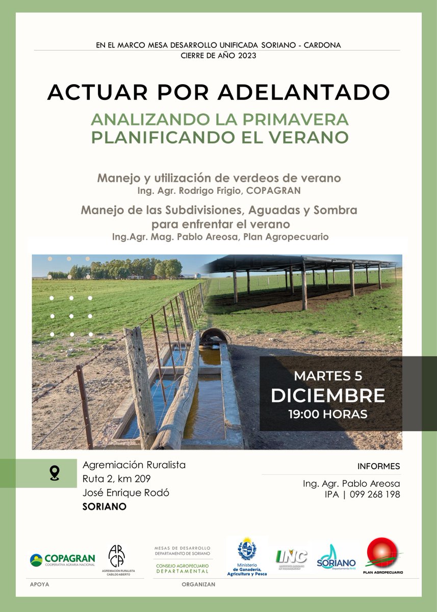 Plan Agropecuario (@planagro) on Twitter photo ¡Mañana! #MARTES
🗓️5/12⏰19hs📍Rodó,Soriano
"Actuar por adelantado analizando la primavera planificando el verano", en el marco de la #MDR unificada Soriano - Cardona
📌Agr. Ruralista
🗣️<a href="/FrigioAreosa/">Rodrigo Frigio</a> #COPAGRAN y @Pablo_Areosa #PlanAgro
<a href="/MGAPUruguay/">MGAP</a> <a href="/Sorianofertil/">Intendencia de Soriano</a> #INC #ARCA ¡Mañana! #MARTES
🗓️5/12⏰19hs📍Rodó,Soriano
"Actuar por adelantado analizando la primavera planificando el verano", en el marco de la #MDR unificada Soriano - Cardona
📌Agr. Ruralista
🗣️<a href="/FrigioAreosa/">Rodrigo Frigio</a> #COPAGRAN y @Pablo_Areosa #PlanAgro
<a href="/MGAPUruguay/">MGAP</a> <a href="/Sorianofertil/">Intendencia de Soriano</a> #INC #ARCA