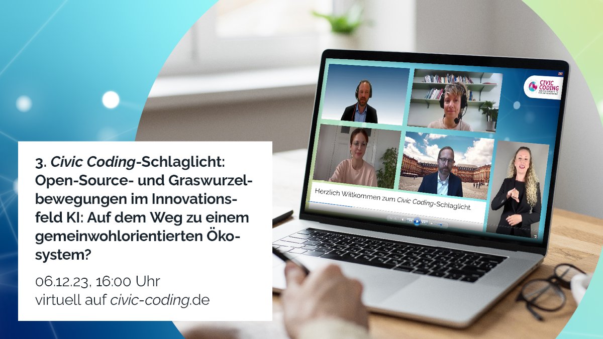 Um die Potenziale von #OpenSource- &amp; #Graswurzelbewegungen im Innovationsfeld #KI geht es in unserem dritten <a href="/CivicCoding/">Civic Coding</a>-Schlaglicht. Seid am 6.12. um 16 Uhr #live auf dem #CivicCoding-Webportal dabei, wenn wir verschiedene Perspektiven dazu beleuchten! 
brnw.ch/21wF0qj