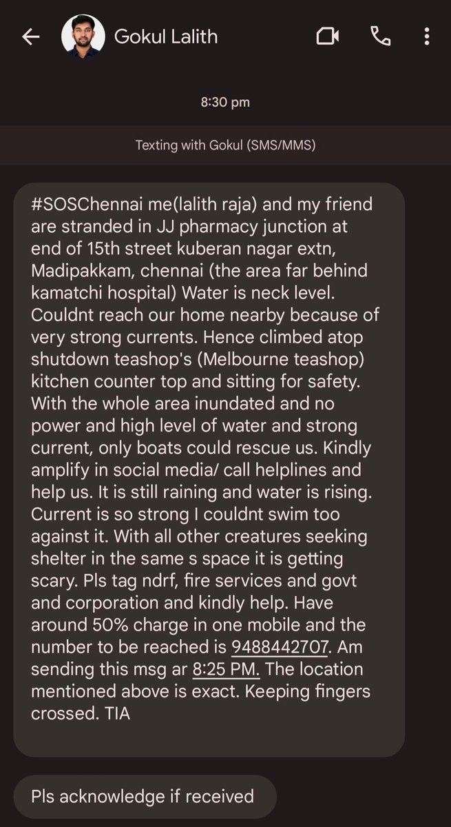 HELP PLS!! 2 men stuck in Madipakkam at neck level water & taking shelter at a tea shop amidst strong currents. No power, high level water & strong currents, only boats could help is what he feels. Pls amplify. @chennaicorp @RAKRI1 @CMOTamilnadu