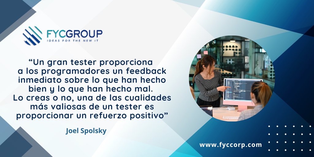 fycgroup's tweet photo. ✅"Un gran tester proporciona a los programadores un feedback inmediato sobre lo que han hecho bien y lo que han hecho mal. Lo creas o no, una de las cualidades más valiosas de un tester es proporcionar un refuerzo positivo" Joel Spolsky 

#TestingQuotes #FYCTestingquotes #QA https://t.co/xhaBHStrWq