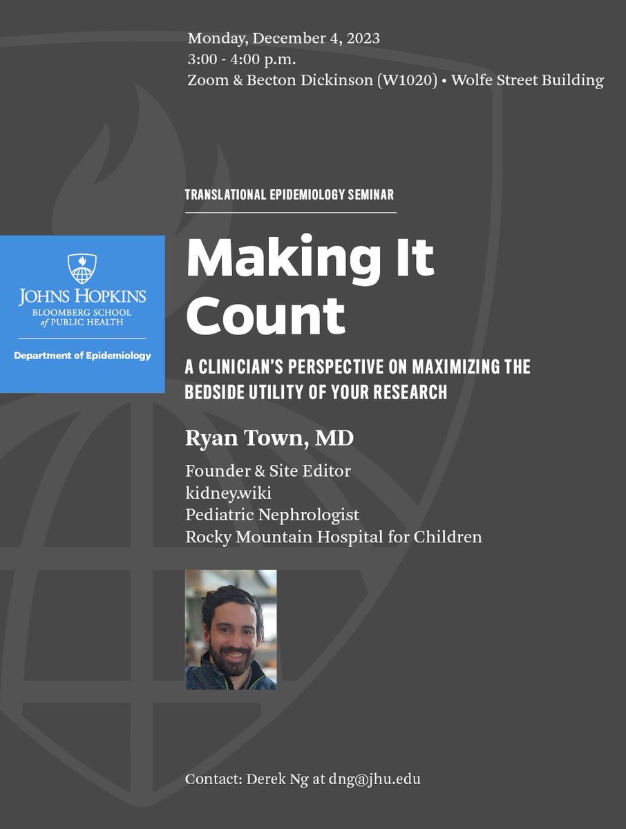 Derek K Ng (@ngderekk) on Twitter photo Today!
3-4pm
Becton Dickinson W1020 (or Zoom)
Translational Epidemiology Seminar Series
Making It Count
Dr. Ryan Town creator of kidney.wiki
<a href="/kidneywiki/">Ryan Town π€π½π«</a>
<a href="/JohnsHopkinsEPI/">Johns Hopkins Epidemiology</a> Today!
3-4pm
Becton Dickinson W1020 (or Zoom)
Translational Epidemiology Seminar Series
Making It Count
Dr. Ryan Town creator of kidney.wiki
<a href="/kidneywiki/">Ryan Town π€π½π«</a>
<a href="/JohnsHopkinsEPI/">Johns Hopkins Epidemiology</a>