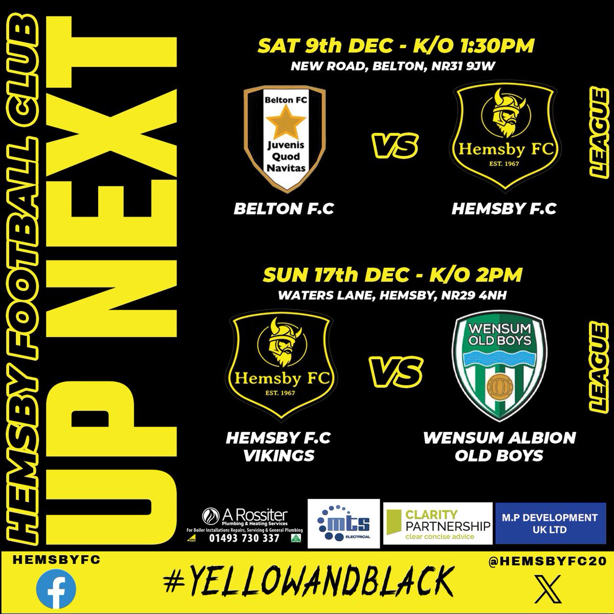 🟡⚫️UP NEXT⚫️🟡
Sat our 1st team are away to <a href="/fc_belton/">Belton FC</a> for their next @angliancom match, 1:30pm K/O.
Next game for our Vets is on 17/12 where they host Wensum Albion Old Boys

#hemsbyfc #yellowandblack #norfolkfootball  #wensumalbion #beltonfc