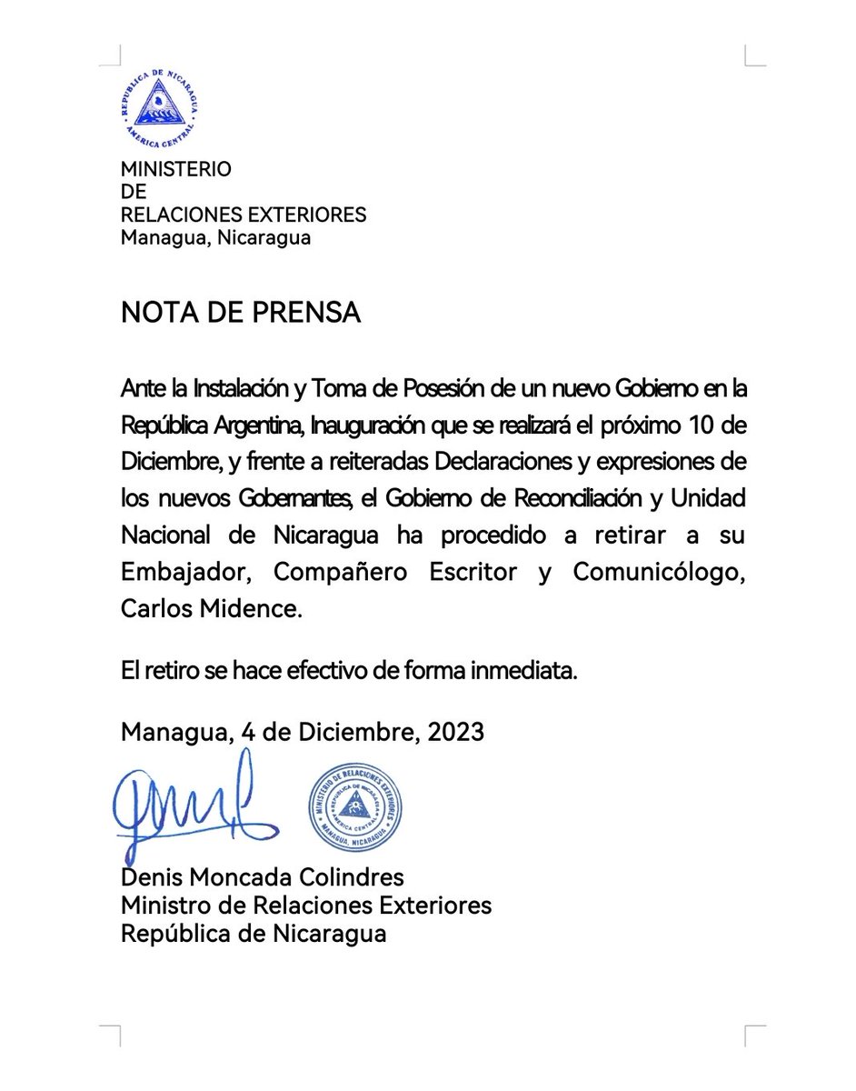 nicaraguaymas's tweet photo. #ULTIMAHORA Gobierno de #Nicaragua retira de forma inmediata a su embajador en la República de #Argentina, a pocos días de asumir el cargo el presidente electo Javier Milei https://t.co/eGvzWpF8A7