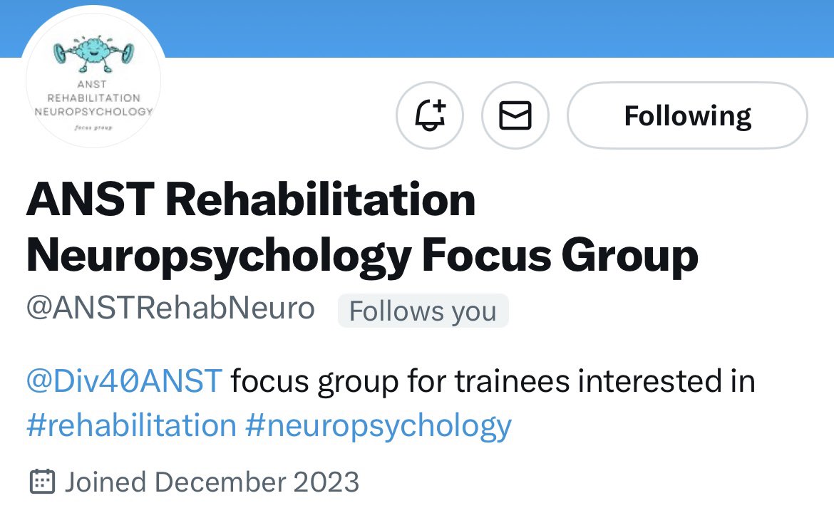 INTRODUCING our newest focus group: ANST Rehabilitation Neuropsychology! Give <a href="/ANSTRehabNeuro/">ANST Rehabilitation Neuropsychology Focus Group</a> a follow and keep up to date on their upcoming initiatives, events, and related resources! #NeuropyschTwitter #neuropsychology