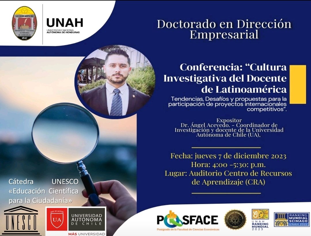 Estimada Red,
Me complace enormemente representar a la <a href="/autonomadechile/">Universidad Autónoma de Chile</a>  como docente internacional en la <a href="/UNAHoficial/">UNAH Universidad Nacional Autónoma de Honduras</a>  En esta ocasión, tengo el honor de desempeñarme como Embajador de la Cátedra <a href="/UNESCO/">UNESCO 🏛️ #Education #Sciences #Culture 🇺🇳</a> dirigida por el <a href="/ivansuazo/">Iván Suazo</a>  Cátedra Educación Científica para la Ciudadanía