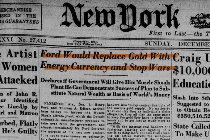 Exactly 103 Years Ago: Henry Ford predicted #Bitcoin 

"Ford would replace gold with energy currency and stop wars."