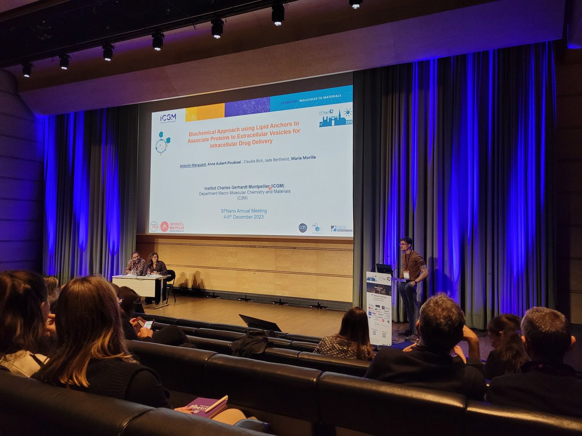 Antonin Marquant (<a href="/marie_morille/">Morille</a> lab <a href="/umontpellier/">Université de Montpellier</a>) presents interesting results on #intracellular #delivery using #lipidanchors to #proteins transported via #extracellularvesicles. Interestingly, #cholesterol was the best lipid anchor tested. <a href="/SFNano_official/">SFNano</a> 2023.