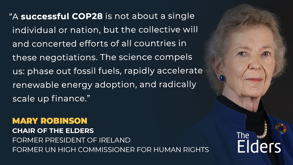 Mary Robinson, Chair of The Elders, calls on all leaders at #COP28 to stop funding what is harming us and start supporting what is needed to secure a liveable future for all. Read The Elders' calls to action in full: theelders.org/news/elders-ca…