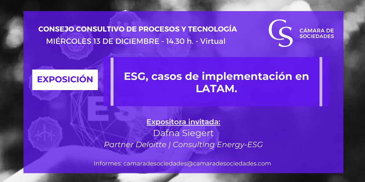⏩Próxima presentación: "ESG, casos de implementación en LATAM" 
📅 miércoles 13/12
⏱️ 14.30h. | Virtual

👉🏻Expositora: Dafna Siegert, Partner Deloitte / Consulting Energy ESG.
Coordinadores: Daniel Justribo y Gustavo García.
👉🏻 Para participar ingresar: lnkd.in/d9pAxf6