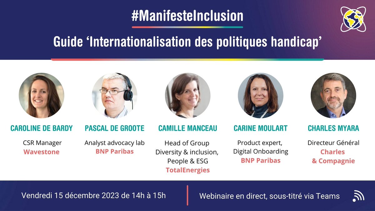 Alors que se termine la #JIPH2023, le groupe de travail Internationalisation des politiques #handicap du #ManifesteInclusion présentera le 15/12, lors d'un webinaire, un guide pratique visant à simplifier la vie quotidienne des entreprises.
Inscriptions : url-r.fr/cbgRz