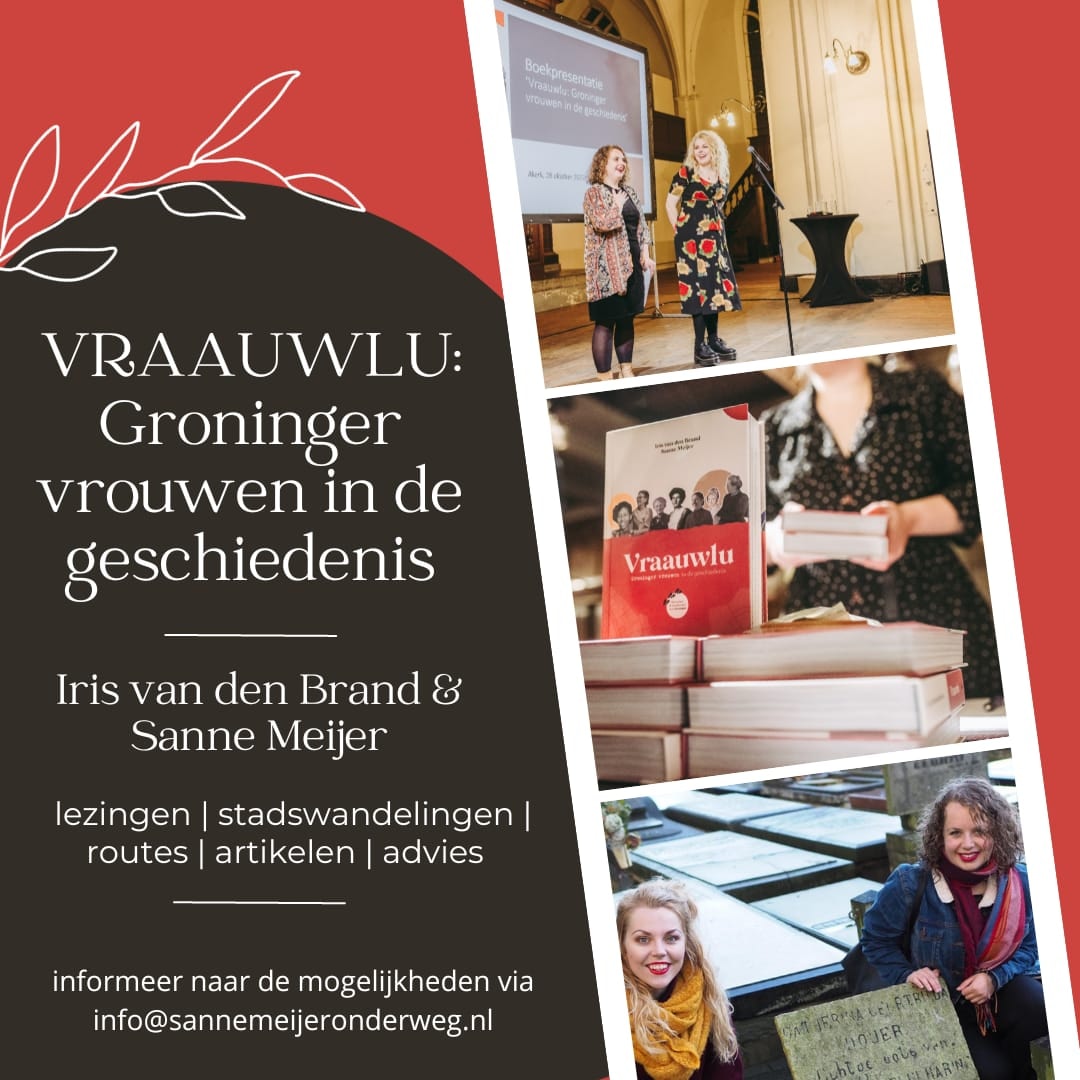 Vraauwlu on tour in 2024! 🖤

De afgelopen maanden trokken <a href="/Hierisirisblog/">Iris van den Brand</a> en ik door Groningen met lezingen, rondleidingen, stadswandelingen en nog veel meer leuke activiteiten. En daar gaan we lekker mee door ✨

Neem gerust (en natuurlijk vrijblijvend) contact met ons op!