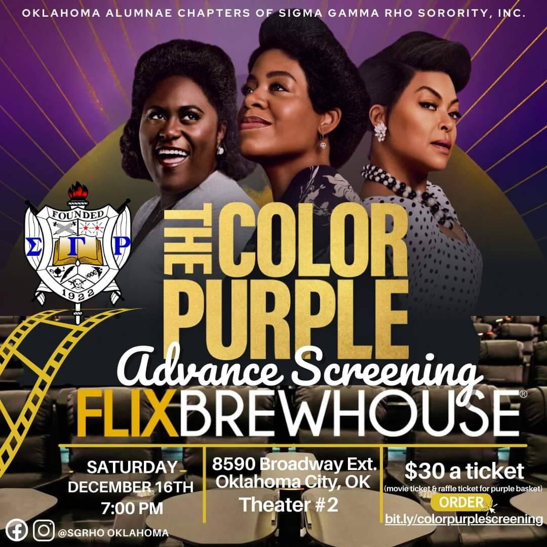 electmcknightSW's tweet photo. You don't have to wait till Christmas to see the movie! Join us on Saturday, December 16th at 7PM at Flix BrewHouse in Oklahoma City. 

RSVP is needed $30 (includes movie and raffle ticket for purple baskets).  https://t.co/7KUpKDcnFU

#SigmaGammaRho #SGRho #ColorPurple #Greater https://t.co/63KBHEOfRt