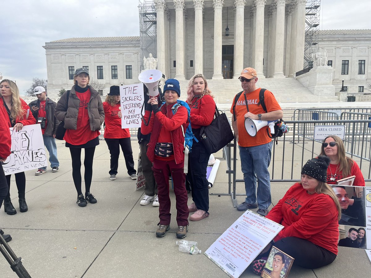 Prescription Addiction Intervention Now (P.A.I.N.) protesters gather outside the Supreme Court as SCOTUS hears oral arguments re: Purdue Pharma’s bankruptcy plan that would pay billions to opioid epidemic victims while shielding members of the Sackler family from civil lawsuits.