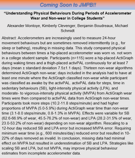🎇Article Coming Soon to JMPB:
Understanding Physical Behaviours During Periods of Accelerometer Wear and Non-wear in College Students
Read the abstract now!
@alexmontoye @kimberlyclev
