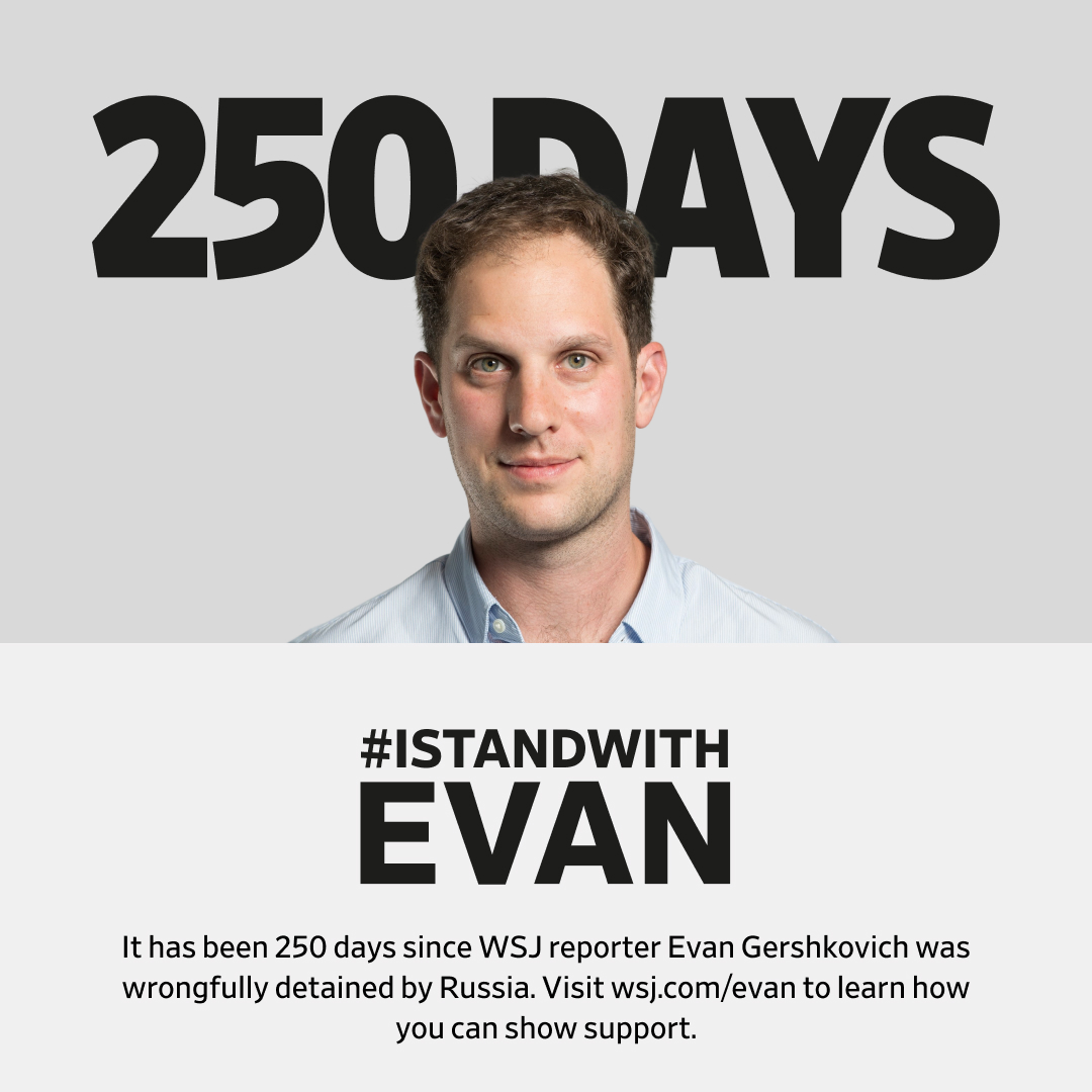It's outrageous that @WSJ reporter Evan Gershkovich has been wrongfully detained by Russia now for 250 days. I am thinking of him today, and every day. It's time to bring him home. Journalism is not a crime. #IStandWithEvan #FreeEvan