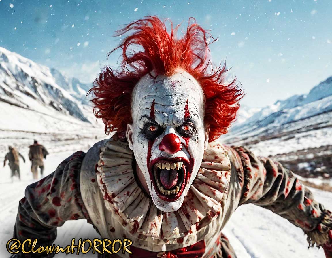 The horror clown's chilling excitement mirrors the falling snow, but beneath the pristine white lies a sinister secret. Each flake conceals a tale of icy terror, as his laughter echoes through the blood-stained winter. Beware the frozen nightmare! ☠️❄️ #SnowOfScreams