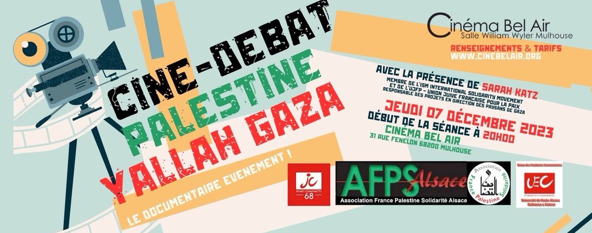 MJCF68's tweet photo. 📅JEUDI 07/12🕗20H au Bel-Air #Mulhouse
Avec Sarah KATZ : de ISM France International Solidarity Movement &amp; de l'UJFP. Elle a habité durant 2 ans à Gaza. Elle témoignera de son expérience comme elle l'a fait dans le documentaire   #Palestine #Gaza https://t.co/V7aAHH1KX9 https://t.co/MpIvPqdbqJ
