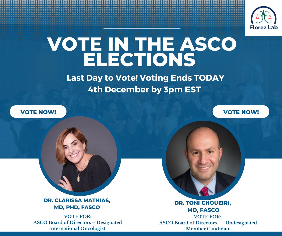 🚨Today is the LAST DAY to vote in the @ascocancerElections! 

🚨We proudly endorse the candidacy of Dr. <a href="/DrChoueiri/">Toni Choueiri, MD</a> and Dr. <a href="/clarissamathias/">Clarissa Mathias</a>  for the ASCO Board of Directors! 👏👏👏

🚨Lend your voice in the quest to revolutionize cancer care. Voting ends by 3pm EST TODAY!!!🗳️