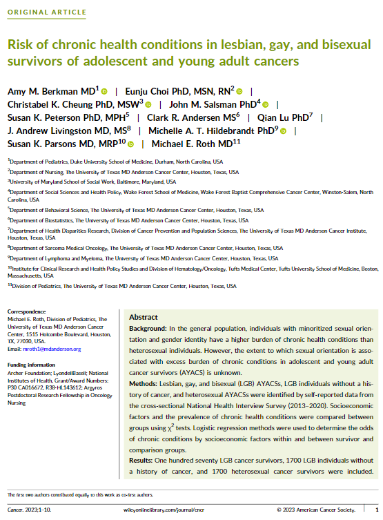 A study published today by @mroth_MD and @MDAndersonNews colleagues indicates the need for tailored efforts to improve the long-term health of lesbian, gay, and bisexual survivors of adolescent and young adult cancers. 🔗acsjournals.onlinelibrary.wiley.com/doi/full/10.10… @OncoAlert @ArmenianSaro #AYACSM