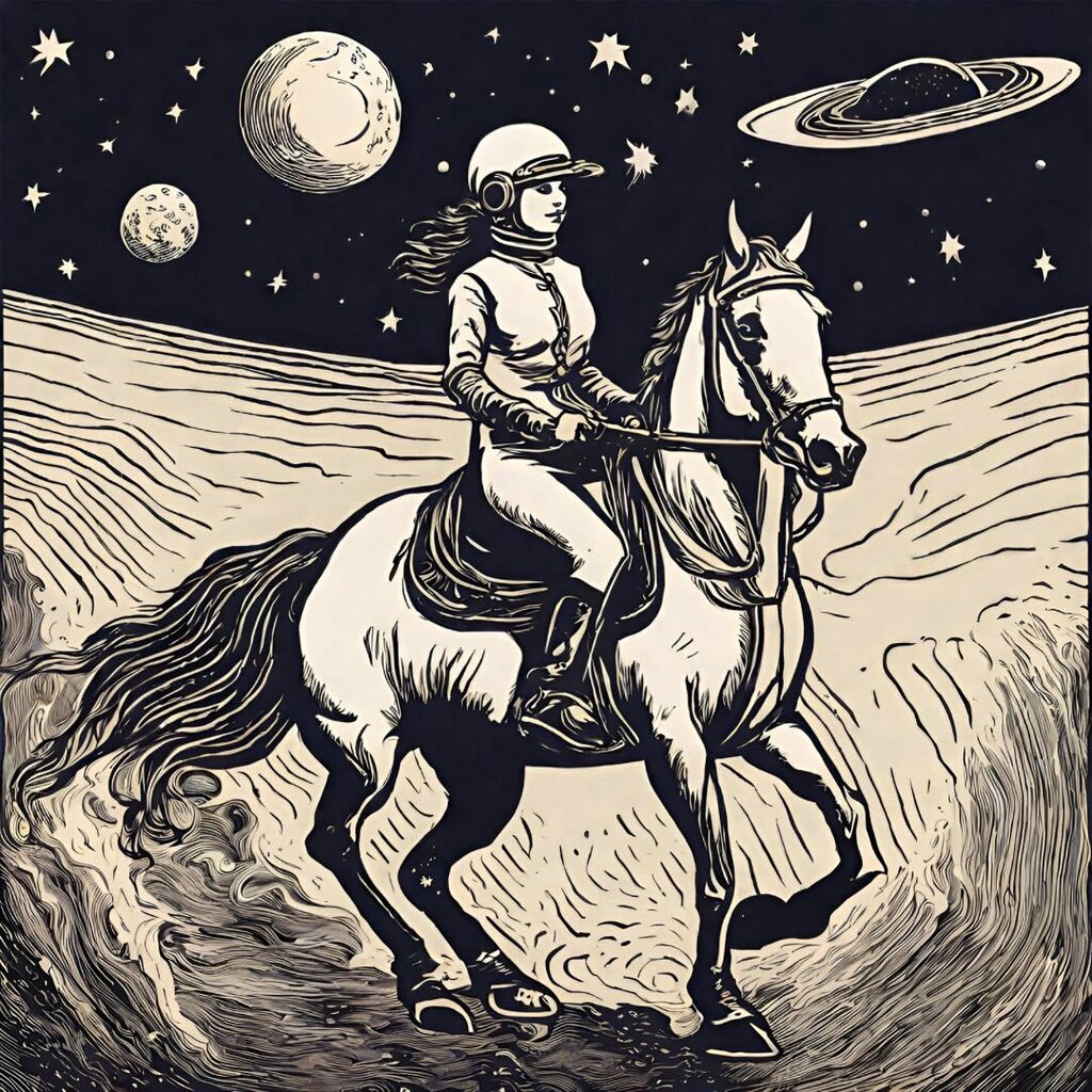 Elisa Wallace riding a horse in space in the style of a woodcut drawing from the 1800s instagr.am/p/C0b6fYNOwLf/