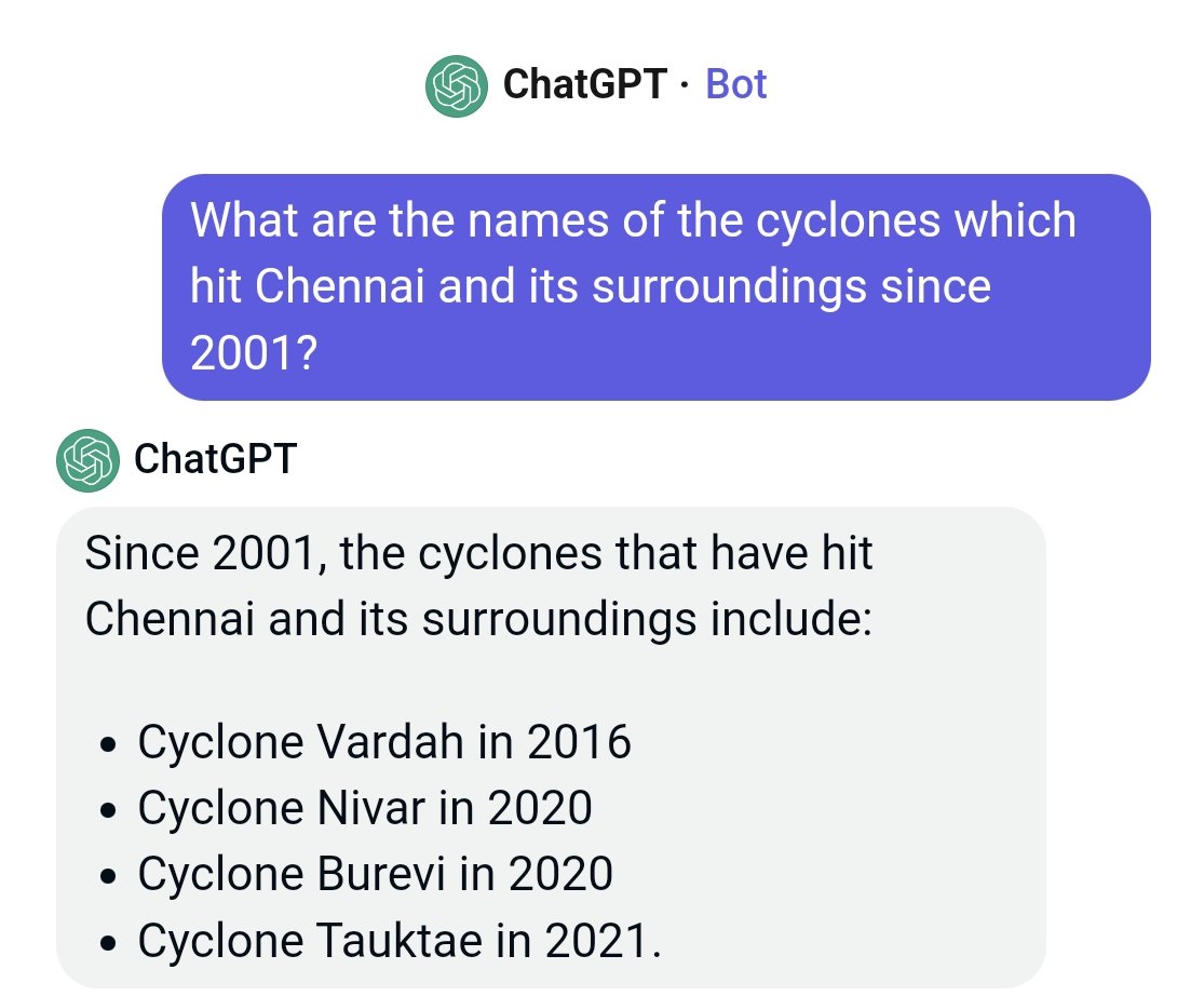 Looks like @ChatGPTBot needs to learn it's cyclones better. Don't recall #CycloneTauktae making landfall in Chennai.
And the next time someone asks this question, #CycloneMichuang will loom large.
#ChennaiFloods #Chennai #Rains