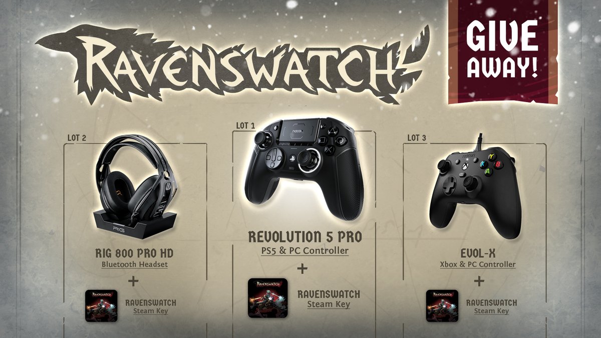 🎁 To celebrate our first Winter Holidays, we want to give you some <a href="/Nacon/">Nacon</a> goodies!

🎮 REVOLUTION 5 PRO
🎧 RIG 800 PRO HD
🎮 EVOL-X Controller

You'll receive a Ravenswatch Steam key with each prize.

Participate here ➡️ nacon.me/GiveawayRavens…