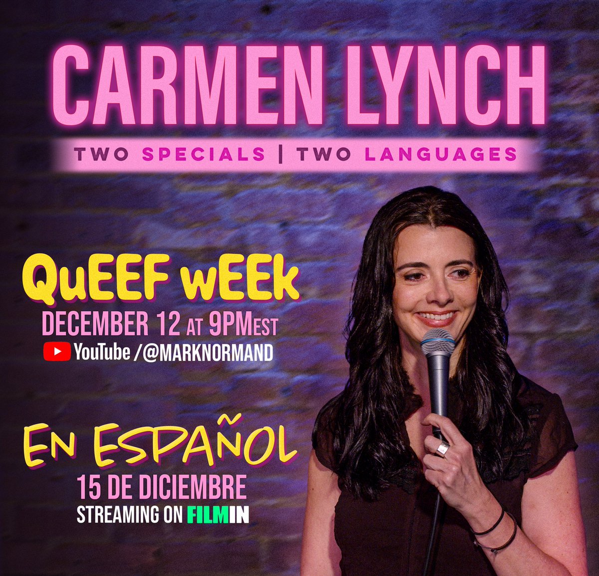 My two comedy specials come out next week. Hope you’ll watch! 1) “Queef Week” (in English) TUES DEC 12 on @marknorm’s YouTube channel 2) “En Español” (yup, in Spanish) FRI DEC 15 @Filmin . Please share if you can. Thank you. 🙏🏼