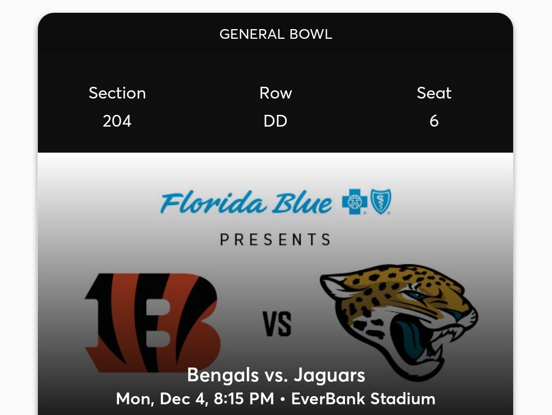 Duval faithful need your help...... partner flaked at the last minute. I've got a seat in 204 for the game tonight.  Only asking $80 since such short notice. #jagsfans #DUUUVAL #IWATJ #DTWD #904