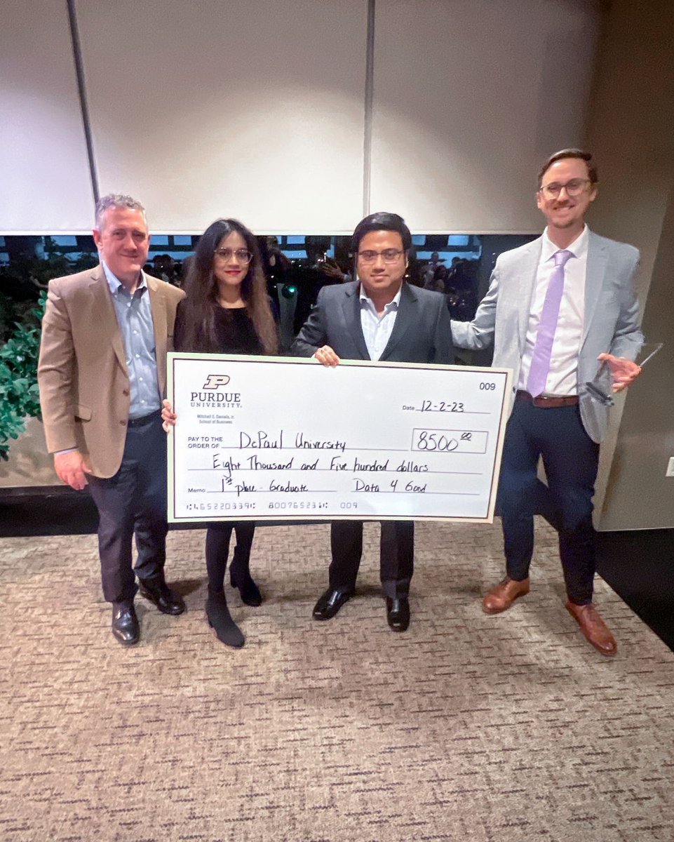 PurdueBizGrad's tweet photo. Congratulations to the winners of the 2nd annual Data 4 Good Case Competition! 🏆

1. @DePaulU
2. @binghamtonu
3. @EmoryUniversity

Thank you to our partners, @INFORMS, @Microsoft, @SASsoftware, @Certiport, and @predictionguard. 

#PurdueData4Good #DataAnalytics #AI https://t.co/8TdechXqOs