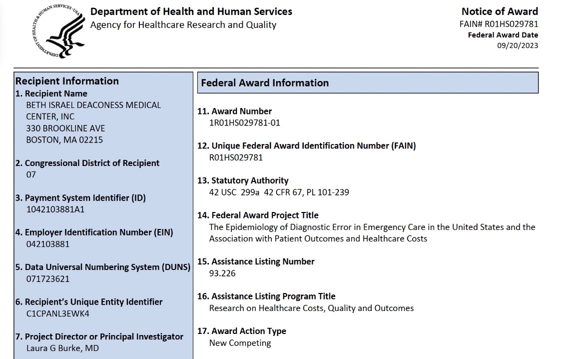 Huge congratulations to @LauraBurke20 for getting her @AHRQ R01 funded! Objective of study is to help reduce diagnostic errors in US emergency departments. Multisite collaborative with @BIDMCEM @HarvardHPM + @DrMichelleLin & @asabbati1