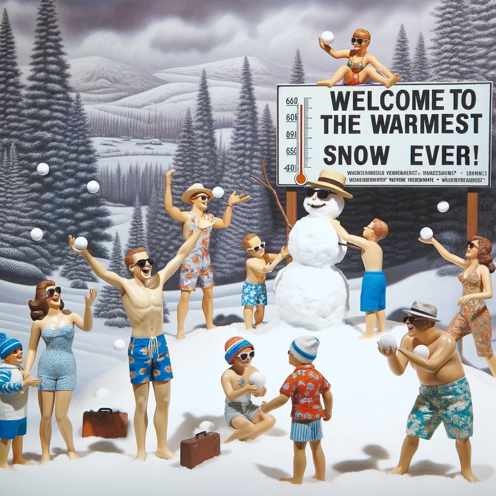 EnricoHomann's tweet image. Enjoying the 'Warmest Winter Wonderland'! 😂❄️ Beachwear meets blizzard - who knew? Snowball fights have never been hotter. #ClimateApocalypse #WarmestWinter #SnowySummer