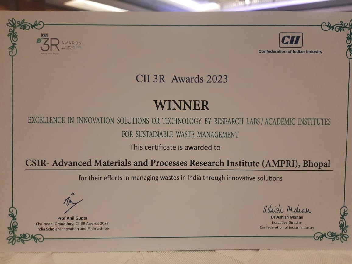 CSIR_IND's tweet photo. #Congratulations to CSIR-AMPRI, #Bhopal for winning the @FollowCII 3R (Confederation of Indian Industry - #Reduce, #Reuse, #Recycle) #Awards 2023.  The Award is for @CSIRAMPRIBhopal's excellence in managing #wastes through innovative solutions. https://t.co/2RvssiTxYX