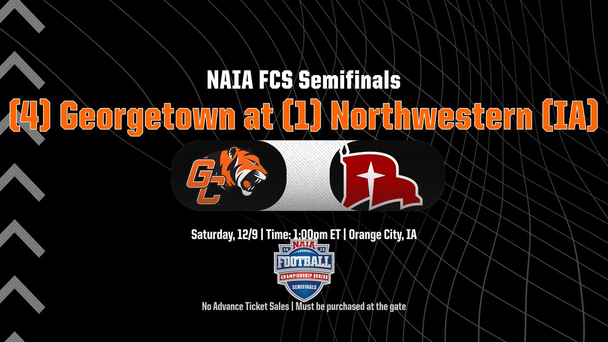 The NAIA FCS Semifinal between #4 Georgetown &amp; #1 Northwestern will kickoff at 1:00pm ET on Saturday in Orange City, IA. There will be no advance ticket sales. Tickets must be purchased at the gate. #TigerPride
Details: georgetowncollegeathletics.com/sports/fball/2…