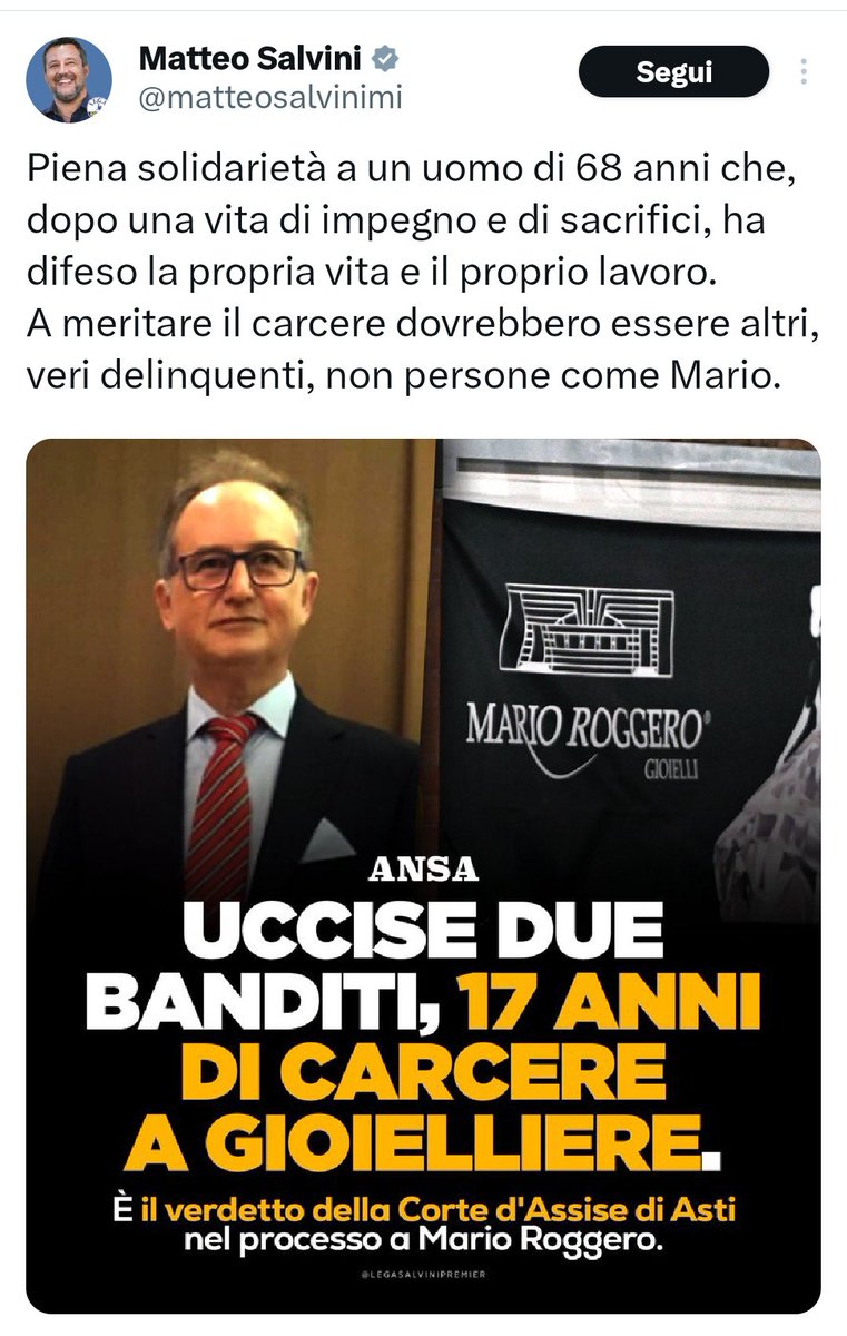 Il ministro vice-premier a capo di un partito sovranista, razzista e complottista solidarizza con un uomo che ha ucciso a freddo due uomini sparando loro alle spalle e accanendosi sui loro corpi.
Viva l'Italia! 
#SALVINIFECCIA